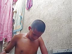 Indian boy bathing nude in public bathroom